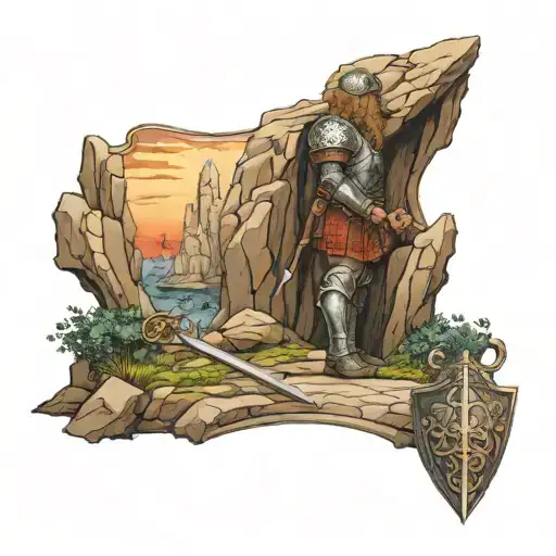 a tattoo of a cave with owain glyndwr's armour, sword and shield outside leading up to the cave, and on top of the rock  tattoo design idea