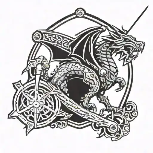 cave with owain glyndwr's armour, sword and shield outside leading up to the cave, welsh dragon sleeping above   tattoo design idea