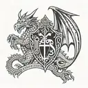 cave with owain glyndwr's armour, sword and shield outside leading up to the cave, welsh dragon sleeping above   tattoo design idea