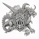 cave with owain glyndwr's armour, sword and shield outside leading up to the cave, welsh dragon sleeping above   tattoo design idea