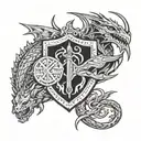 cave with owain glyndwr's armour, sword and shield outside leading up to the cave, welsh dragon sleeping above   tattoo design idea