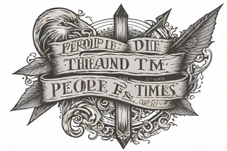 A arrow with lyrics that say people die a thousand times to get to who they are tattoo design idea