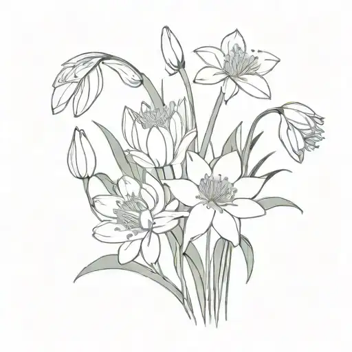 bouquet of snowdrop, water lily, poppy and chrysanthemum  tattoo design idea