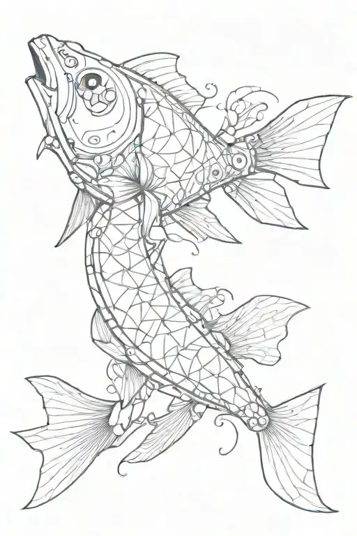 A futuristic cybernetic fish with glowing circuit patterns, inspired by video game aesthetics tattoo design idea