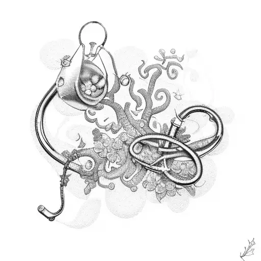 A whimsical dotwork tattoo featuring a stethoscope entwined with intricate vines and flowers, symbolizing the harmony between veterinary medicine and nature. tattoo design idea
