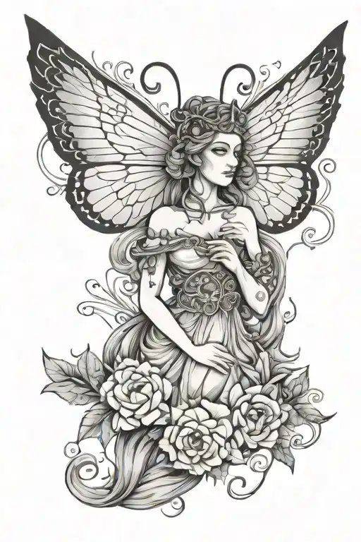 greek goddess psyche inspired tattoo featuring symbolic butterfly wings and the Greek symbol for psyche  tattoo design idea