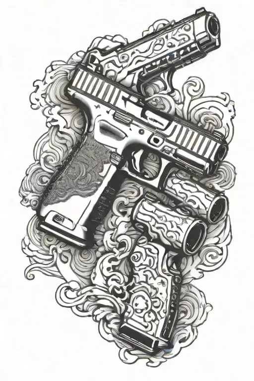 glock with shell cases and smoke around it tattoo design idea