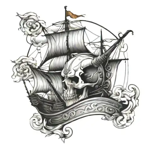 sailing ship with Viking ram skull tattoo design idea