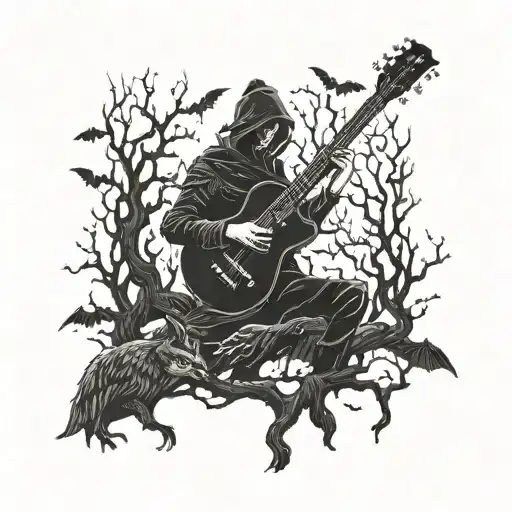 A dark forest scene with a ghostly figure playing a guitar, surrounded by bats, in blackwork style tattoo design idea
