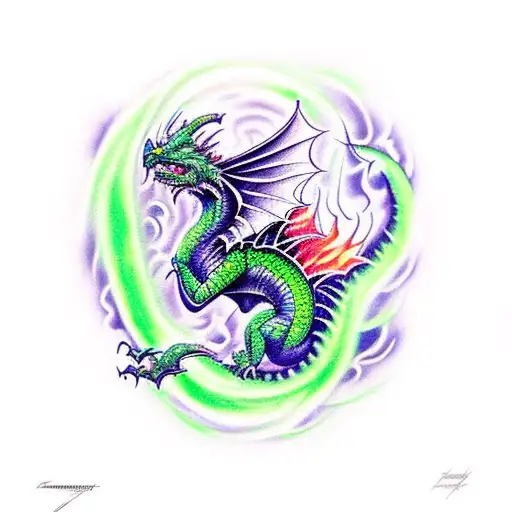 a green dragon with flames and the word inferno  tattoo design idea