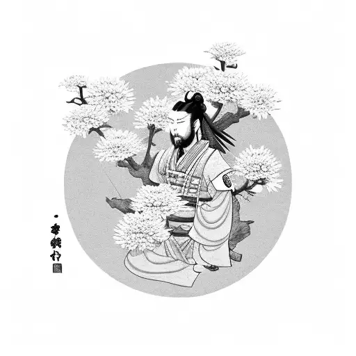 A black-grey tattoo of a samurai warrior meditating under a blooming Japanese chrysanthemum tree tattoo design idea