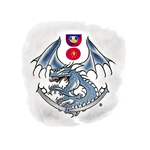 A traditional style tattoo of a computer gamer battling against a dragon, with the flags of Philippines, Saudi Arabia, and United Kingdom in the background tattoo design idea