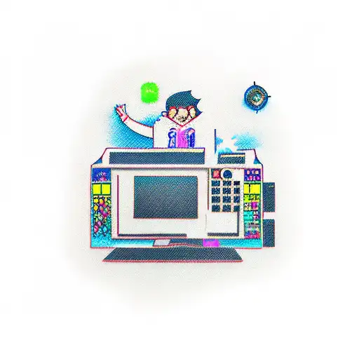 A new-school style tattoo of a computer gamer character surrounded by iconic anime characters tattoo design idea