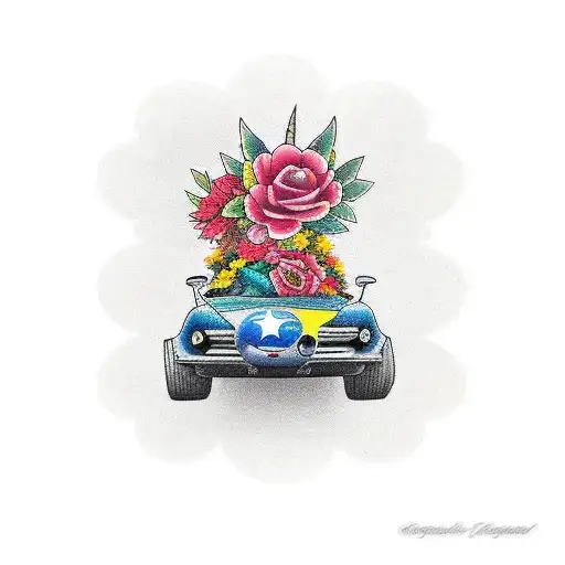 A traditional tattoo showcasing a Colombian flower and a car racing through the vibrant streets of Colombia tattoo design idea