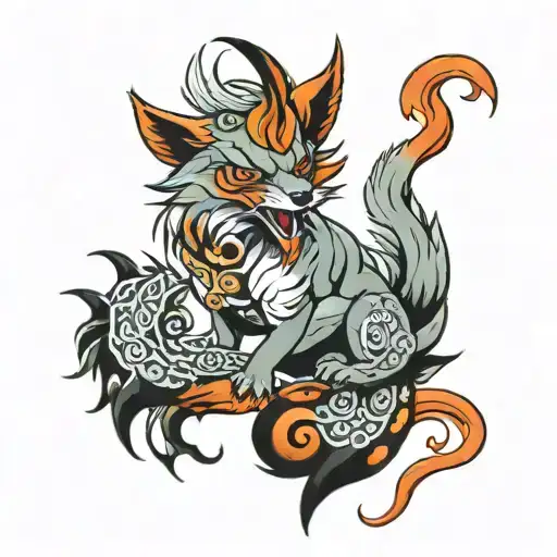 fearsome and handsome nine tail fox demon in animal form tattoo design idea