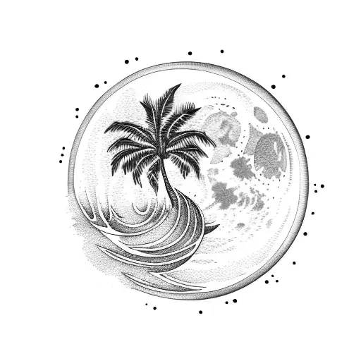 Moon, waves, star, Palm tree tattoo design idea