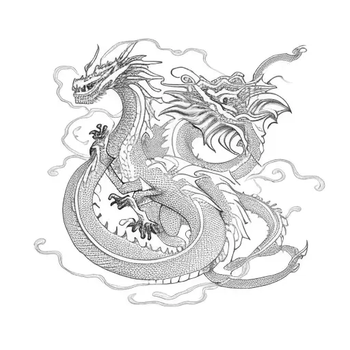 Dragon and red rose intertwined in a celestial dance tattoo design idea