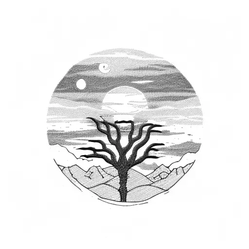 desert landscape, rising sun wiht a lone star or texas flag tattoo design idea