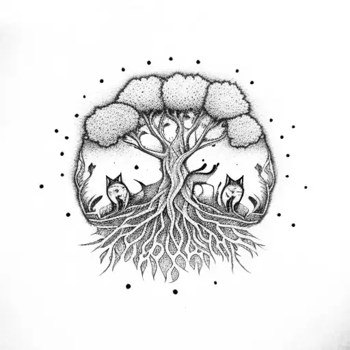 druid tree of life with a fox tattoo design idea