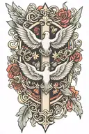 cross, dove, roman numerals intertwined tattoo design idea