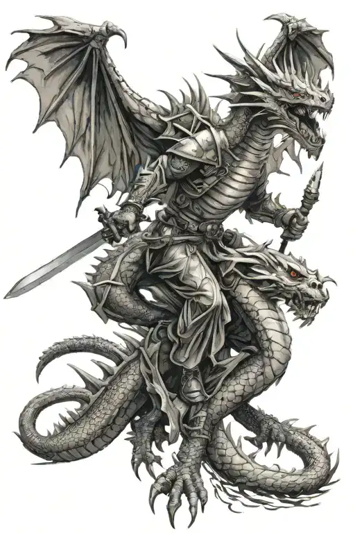 dragon slayer with minigun and katana fighting an elder dragon tattoo design idea