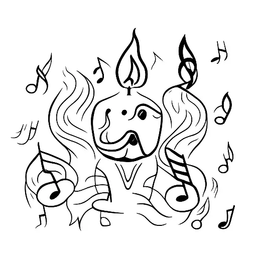 A candle with a dog-shaped flame and music notes floating around tattoo design idea