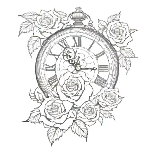 broken clock with  roses tattoo design idea