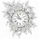 broken clock with  roses tattoo design idea