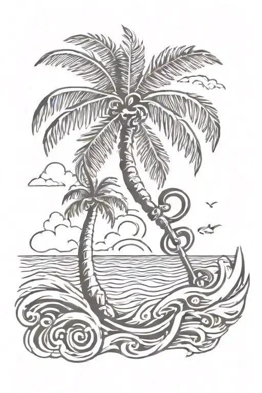 palm tree with wave,  heart and key west tattoo design idea