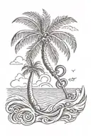 palm tree with wave,  heart and key west tattoo design idea