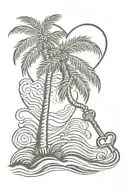 palm tree with wave,  heart and key west tattoo design idea
