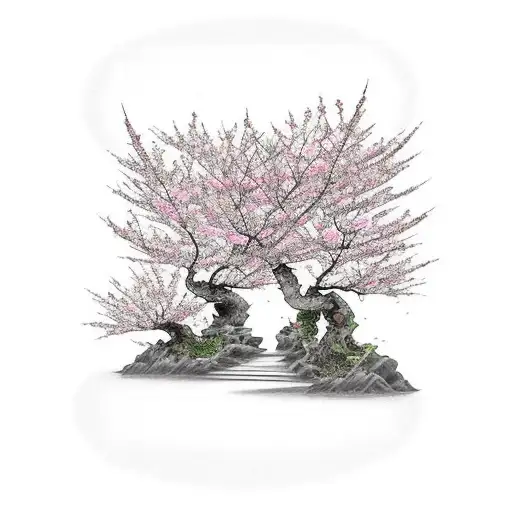 a sleeve of 2 walking cats around a big cherry blossom tree that has it's leaves falling tattoo design idea