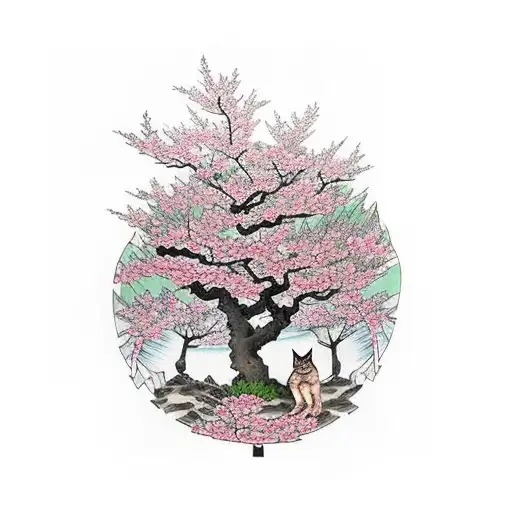 a sleeve of 2 walking cats around a big cherry blossom tree that has it's leaves falling tattoo design idea