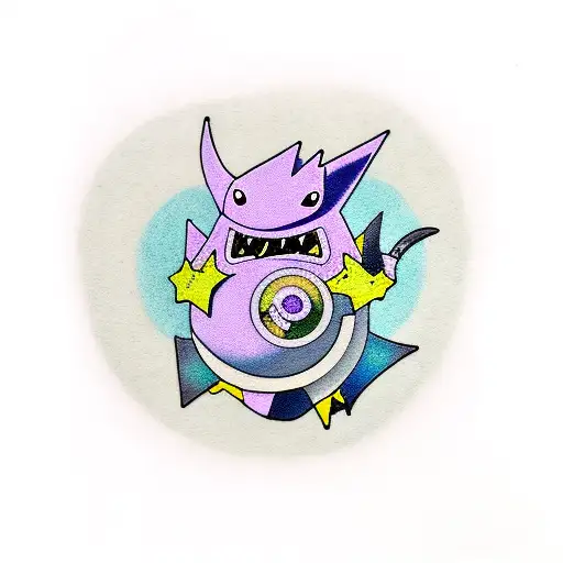 game boy collor, gengar gastly pokemon, purple smoke  tattoo design idea
