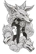 Japan girl with fox mask and dragon flying tattoo design idea