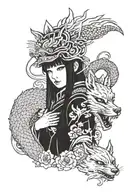 Japan girl with fox mask and dragon flying tattoo design idea