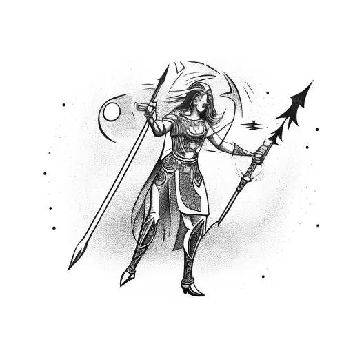 upper body goddess Athena holding spear and shield with lightning in background tattoo design idea