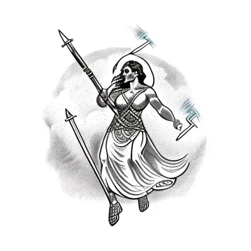 Greek goddess holding spear and shield jumping into battle with lightning in background tattoo design idea