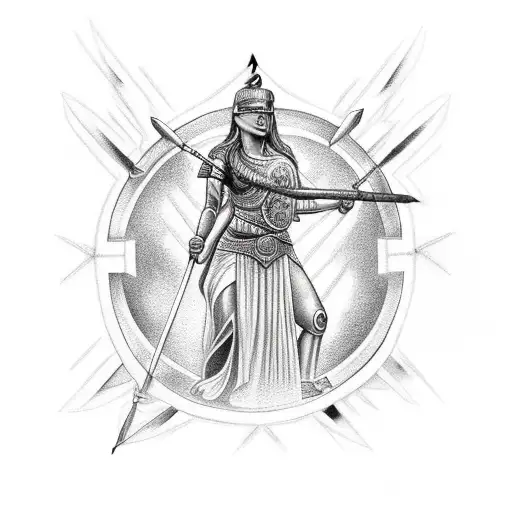 upper body goddess Athena holding spear and shield with lightning in background tattoo design idea