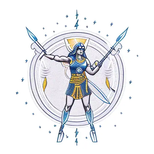 upper body goddess Athena holding spear and shield with lightning in background tattoo design idea