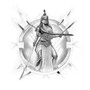 upper body goddess Athena holding spear and shield with lightning in background tattoo design idea
