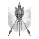 upper body goddess Athena holding spear and shield with lightning in background tattoo design idea
