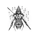 upper body goddess Athena holding spear and shield with lightning in background tattoo design idea