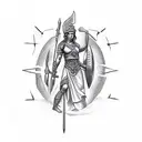 upper body goddess Athena holding spear and shield with lightning in background tattoo design idea