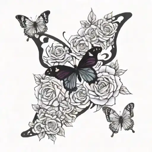 A collage of black and white photos forming the shape of a butterfly surrounded by purple roses tattoo design idea