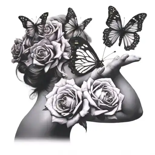 A mother and child silhouette taking a photo of a butterfly resting on a purple rose tattoo design idea