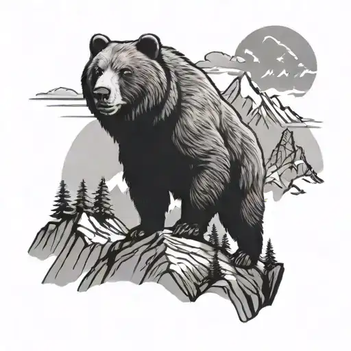 mountain range with bear goat and hiker tattoo design idea