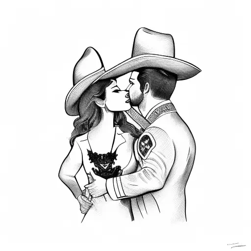 Male mariachi with hat on kissing his wife tattoo design idea