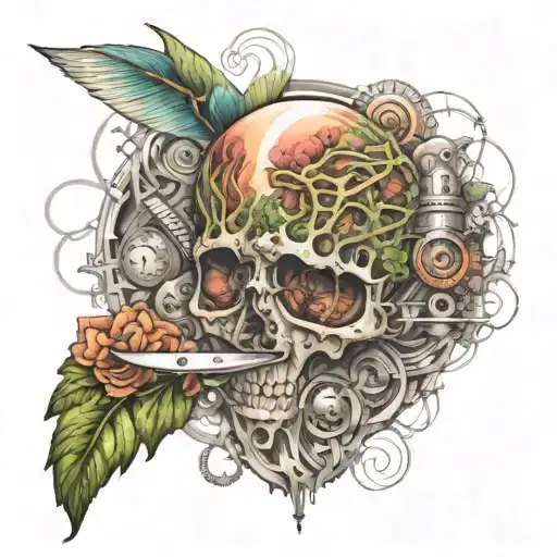 An intricate tattoo design combining elements of philosophy, art, and technology, symbolizing the interconnectedness of the mind and creativity tattoo design idea