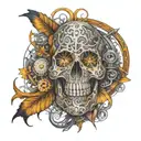 An intricate tattoo design combining elements of philosophy, art, and technology, symbolizing the interconnectedness of the mind and creativity tattoo design idea